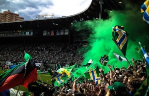 The Portland Timber's largest supporter group, the Timber's Army, in Providence Park during the Great Northwest Derby against the Sounders. 